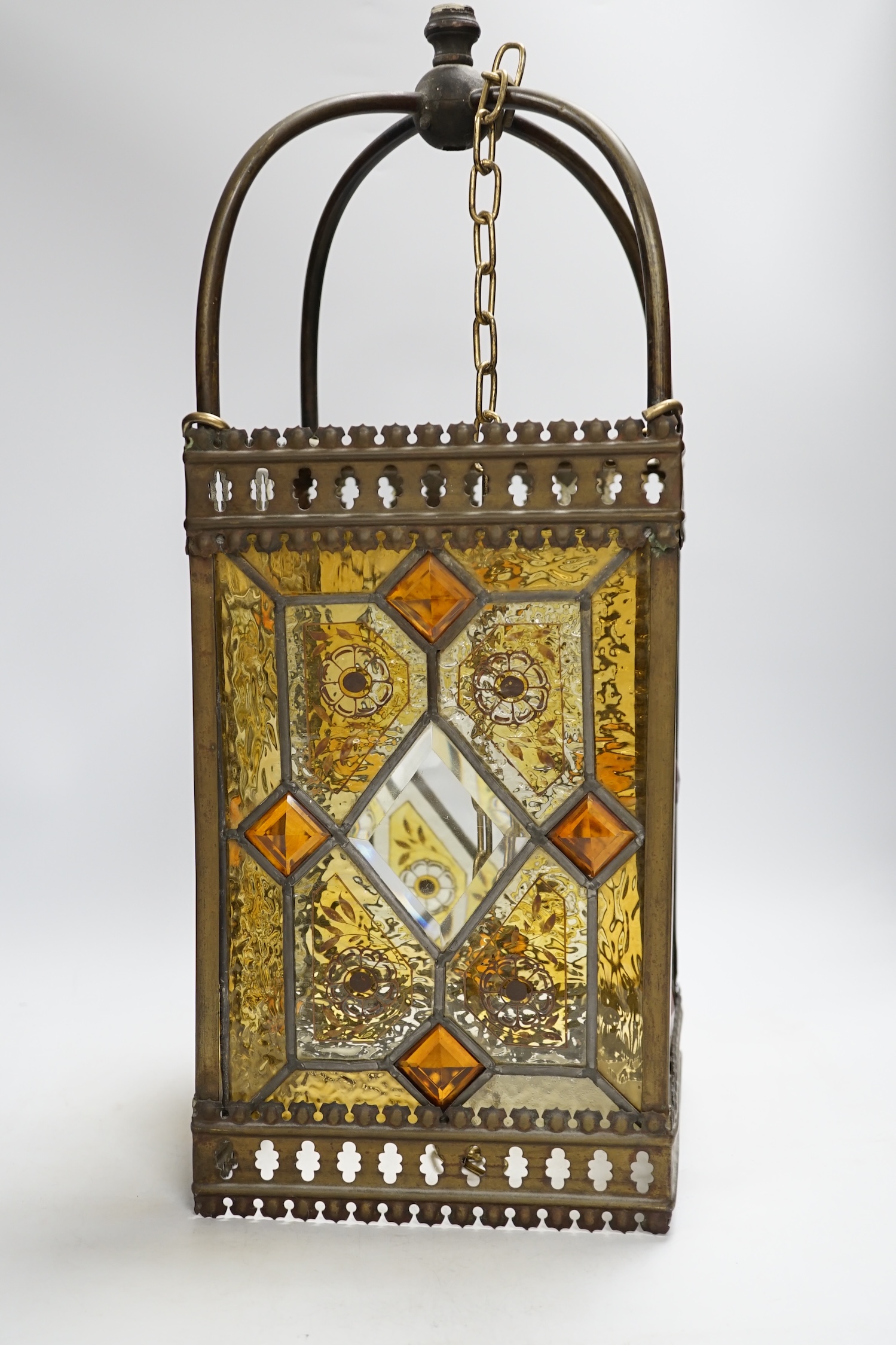 An Edwardian stained glass and brass mounted hall lantern, 53cm high